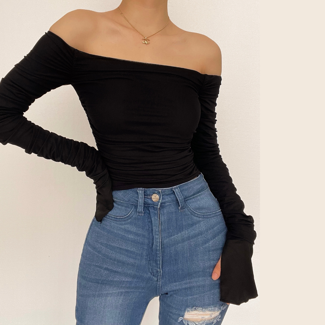 Double layered mesh off shoulder ruched long sleeve solid crop top | Mesh Long Sleeve Crop Top