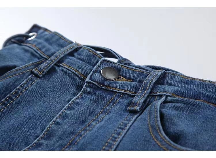 Lace up self tie straight leg high rise raw hem jeans-final-sale