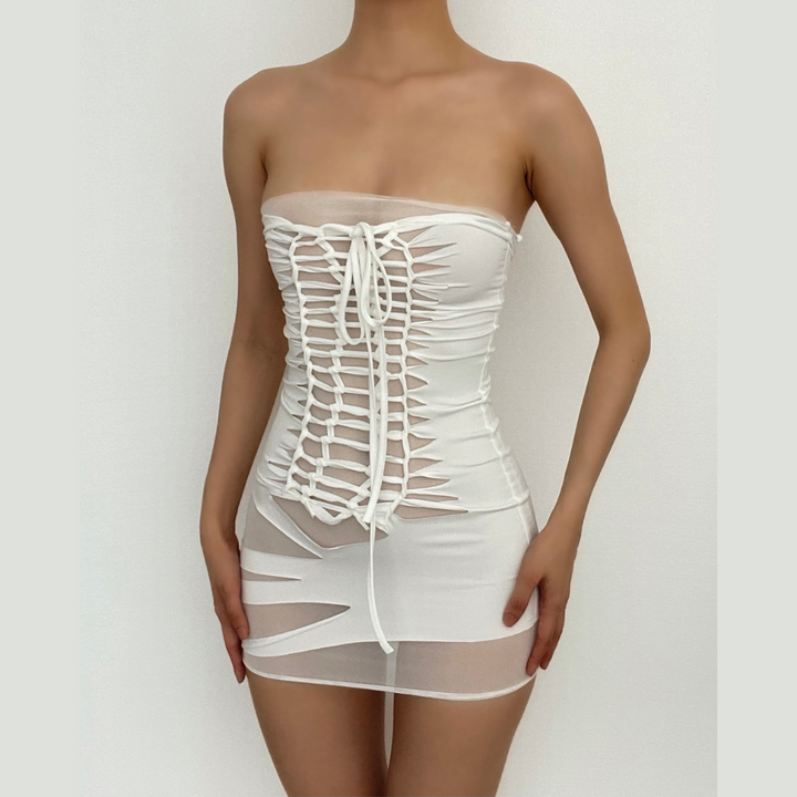 Backless hollow out self tie solid cami mini dress - Final Sale