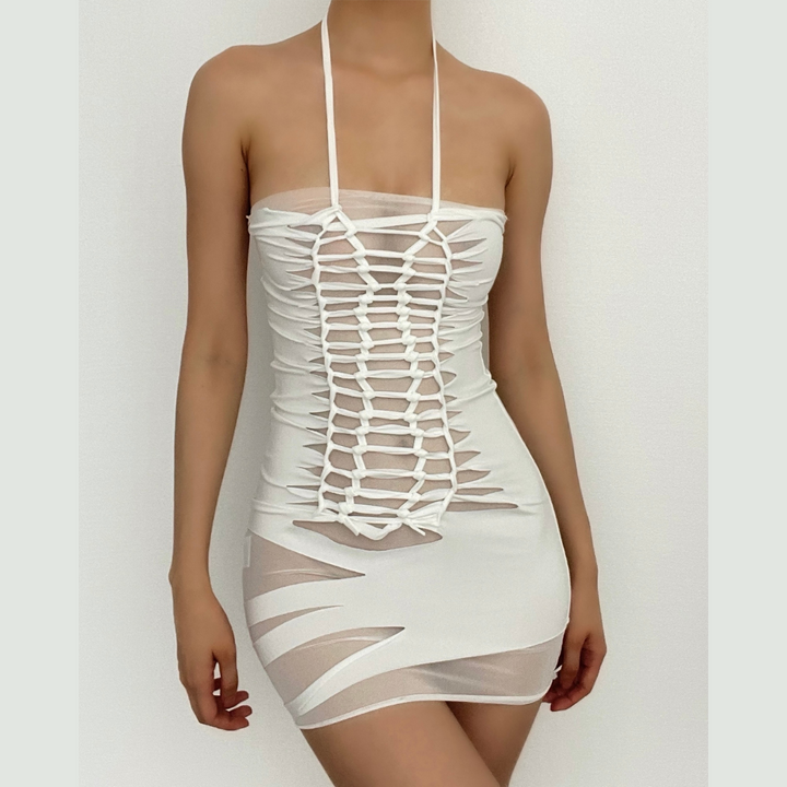 Backless hollow out self tie solid cami mini dress - Final Sale