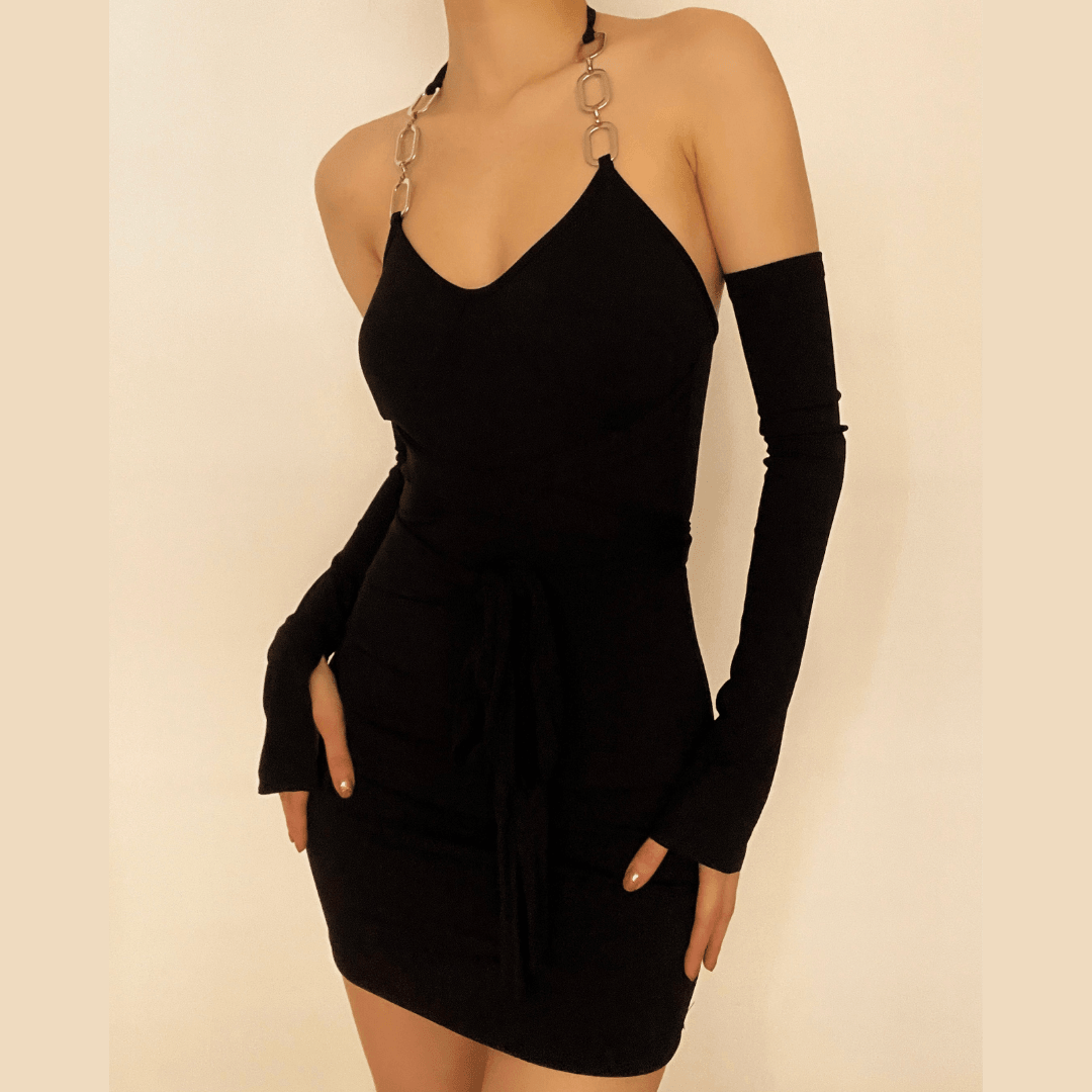 Self tie ribbed metal chain off shoulder long sleeve dress - Halibuy