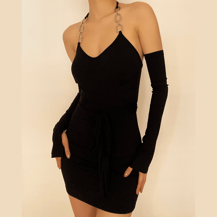 Self tie ribbed metal chain off shoulder long sleeve dress - Halibuy