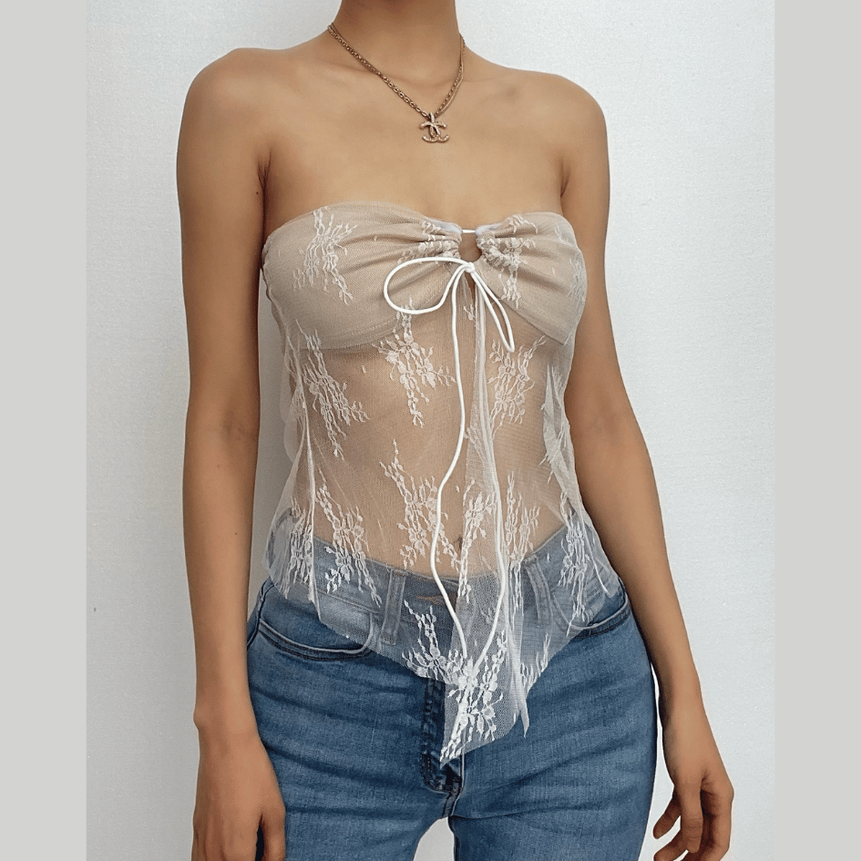 Sweetheart neck solid lace hem backless lace up tube top-final-sale