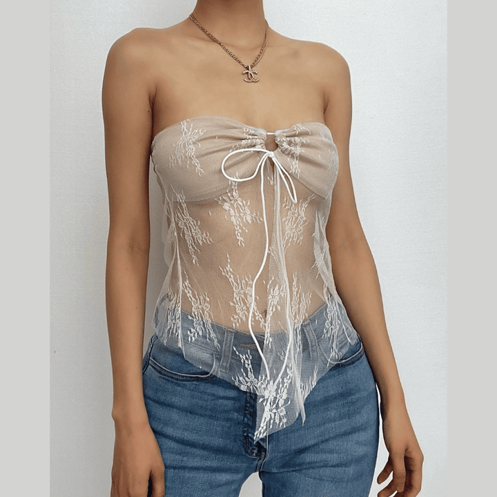Sweetheart neck solid lace hem backless lace up tube top-final-sale
