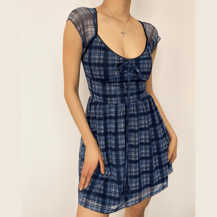 Mesh short sleeve plaid A line ruffled dress - Halibuy