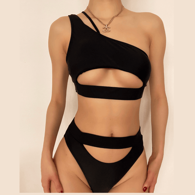 Hollow out high waisted one shoulder solid bikini - Halibuy
