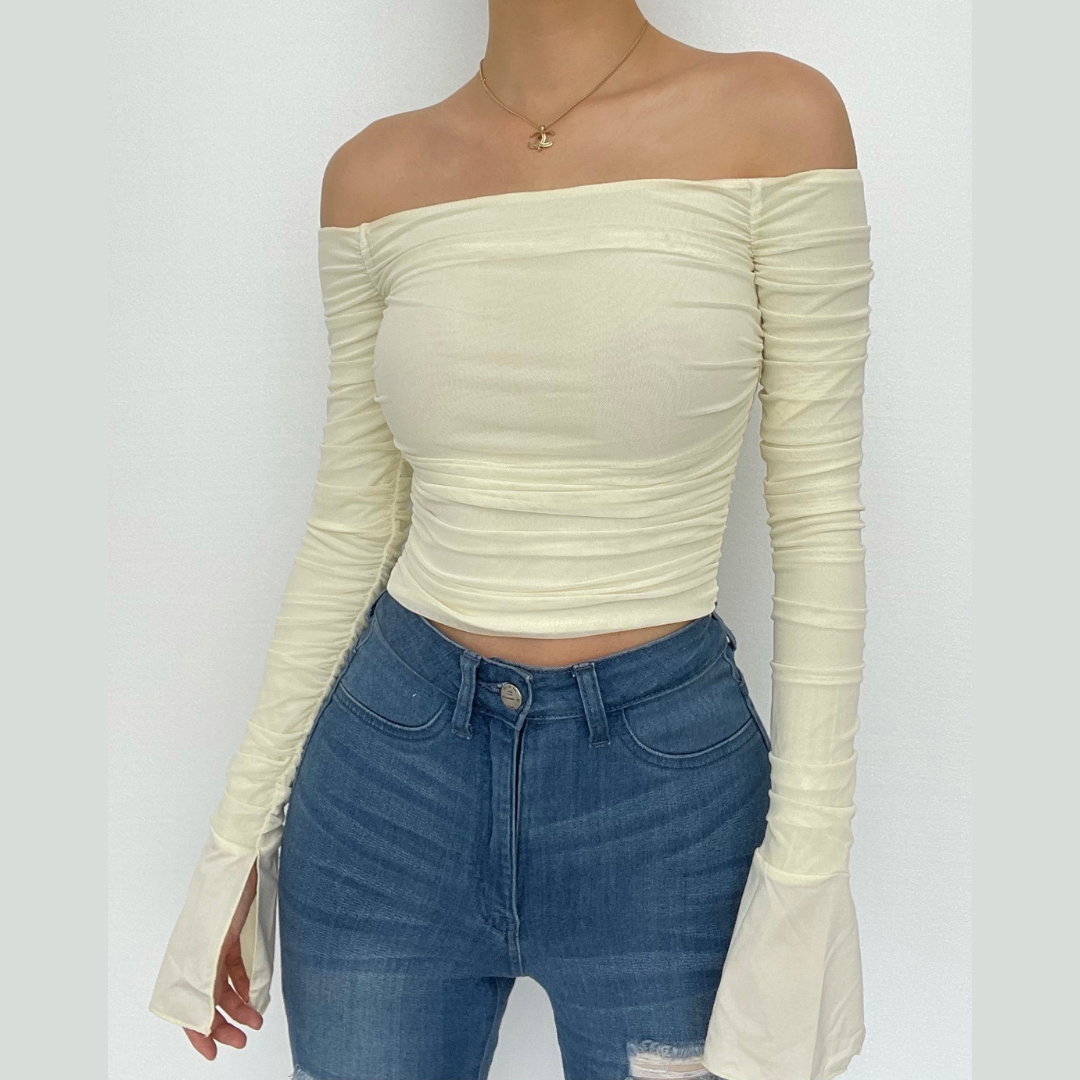 Double layered mesh off shoulder ruched long sleeve solid crop top ...