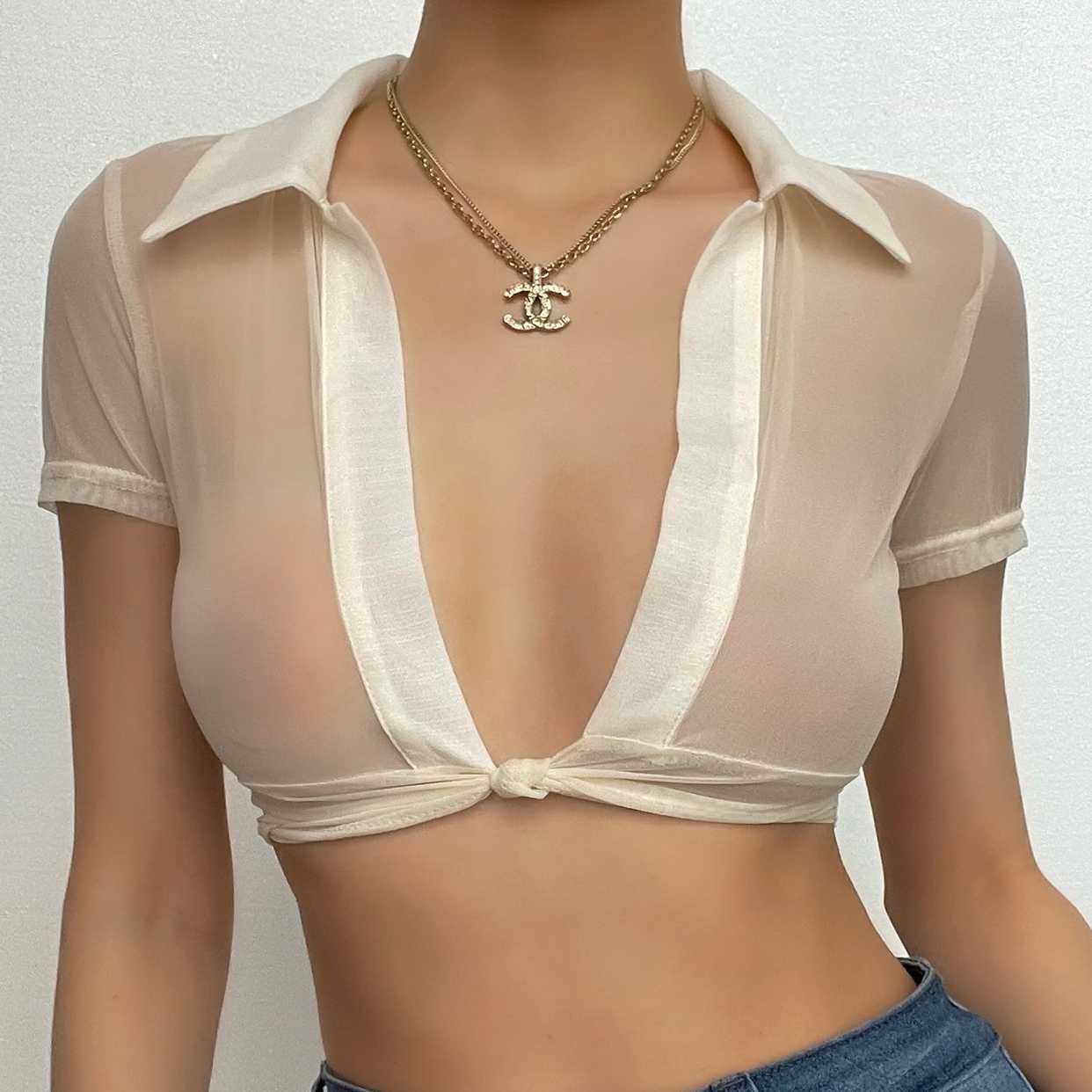 Knotted short sleeve turnover collar sheer mesh see through crop top