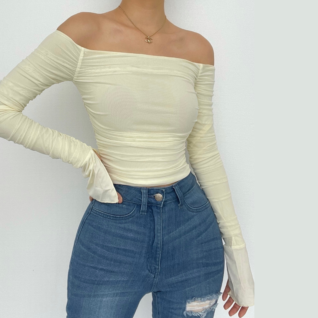 Double layered mesh off shoulder ruched long sleeve solid crop top | Mesh Long Sleeve Crop Top
