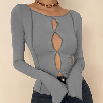 Hollow out round neck long sleeve top