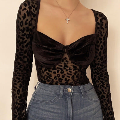 Leopard heart neck long sleeve bodysuit - Halibuy