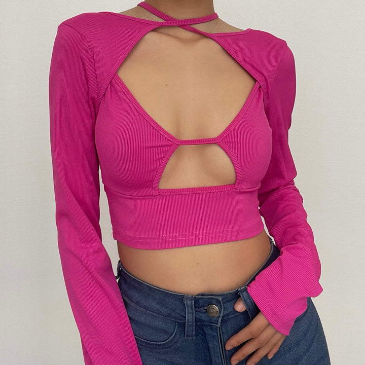 Ribbed cross front solid long sleeve gloves hollow out crop top-final-sale