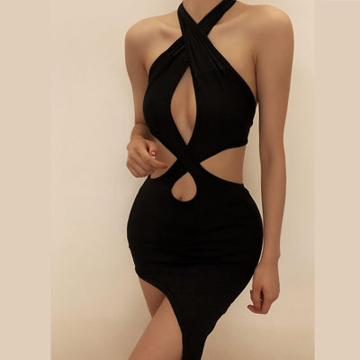 Hollow out tie back halter backless bodycon dress - Halibuy