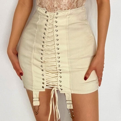 Lace up front high waist vintage skirt - Halibuy