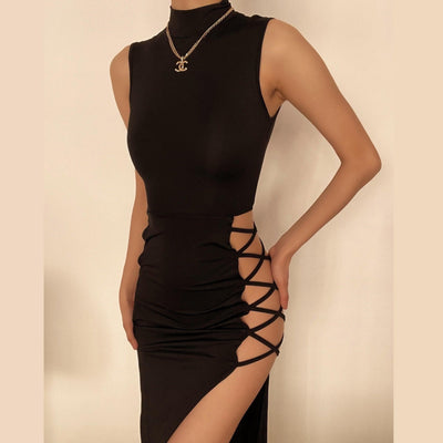 Hollow out lace up high neck dress - Halibuy