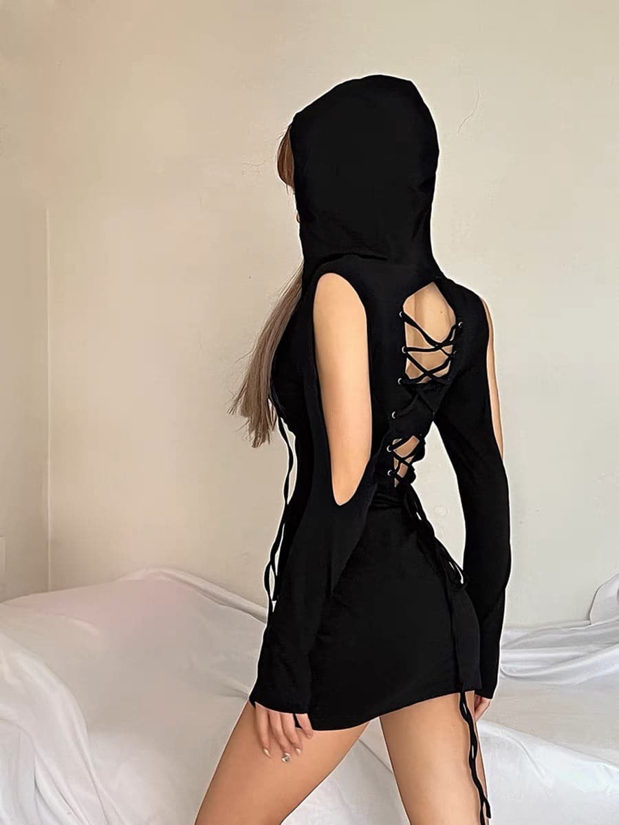 Long sleeve hollow out lace up drawstring hoodie mini dress-final-sale