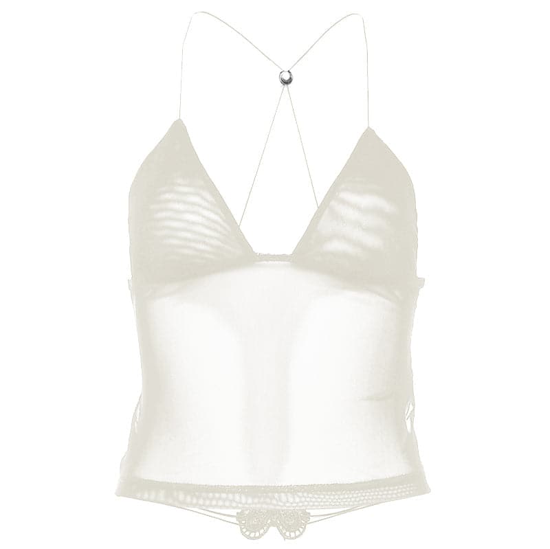 Sheer mesh butterfly applique see through backless solid top  | Festival Outfits Women