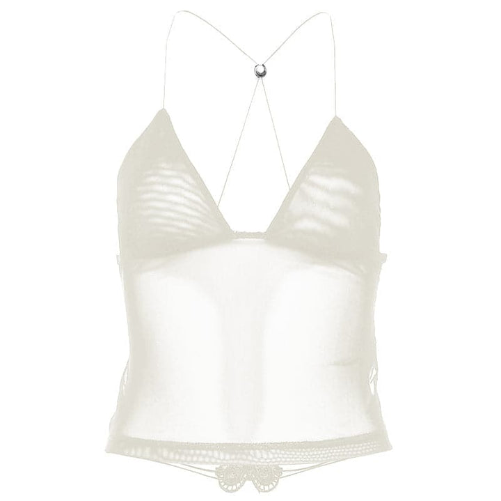 Sheer mesh butterfly applique see through backless solid top  | Festival Outfits Women