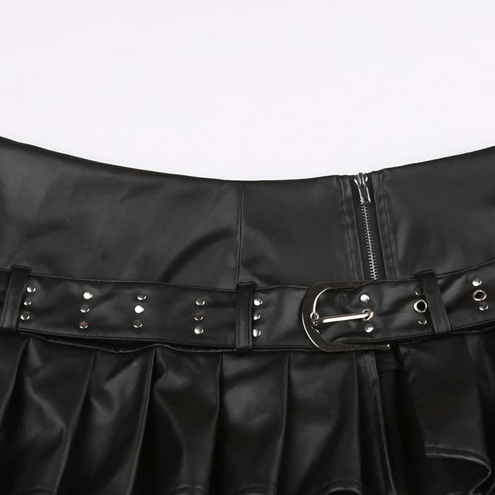 Buckle zip-up pleated low rise PU leather mini skirt Cargo Mini Skirt