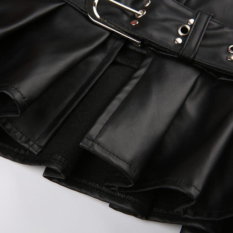 Buckle zip-up pleated low rise PU leather mini skirt Cargo Mini Skirt