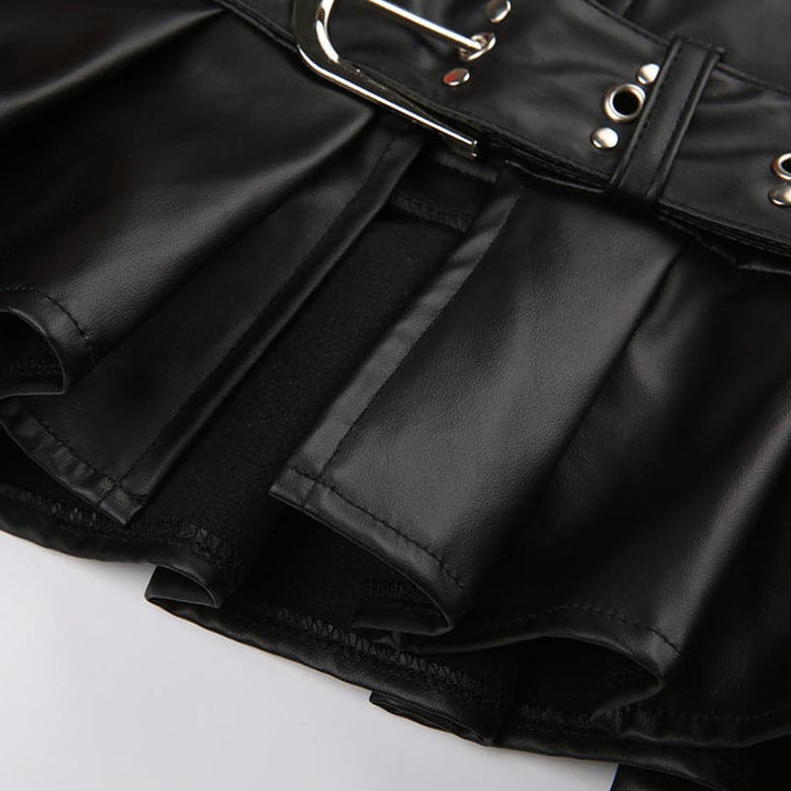 Buckle zip-up pleated low rise PU leather mini skirt Cargo Mini Skirt
