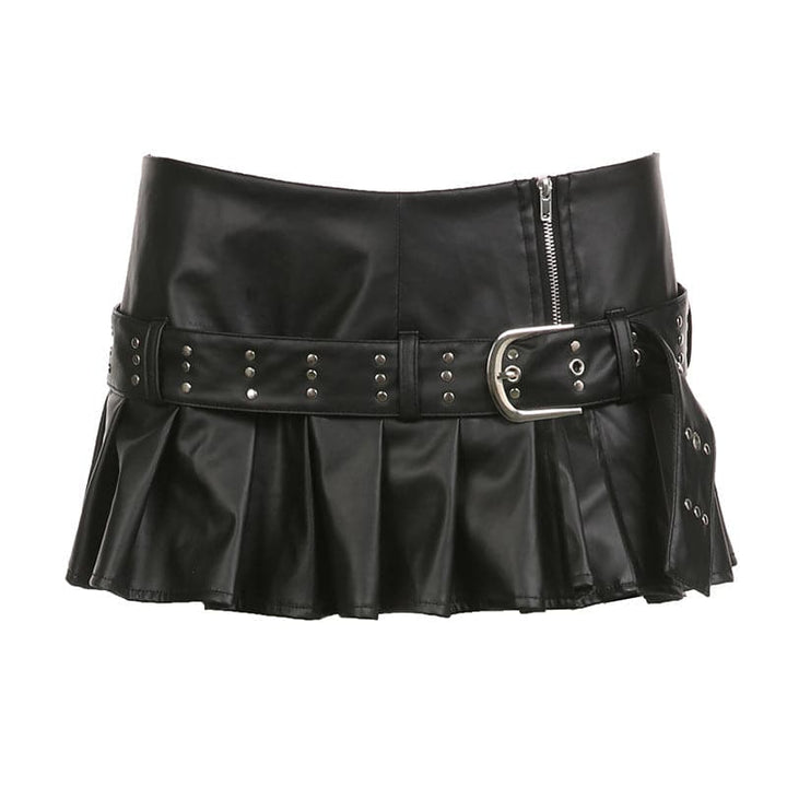 Buckle zip-up pleated low rise PU leather mini skirt Cargo Mini Skirt