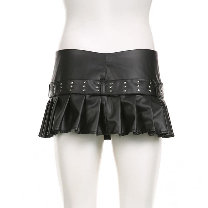 Buckle zip-up pleated low rise PU leather mini skirt Cargo Mini Skirt