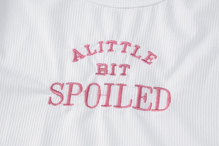 “SPOILED” embroidery contrast crewneck cap sleeve crop top