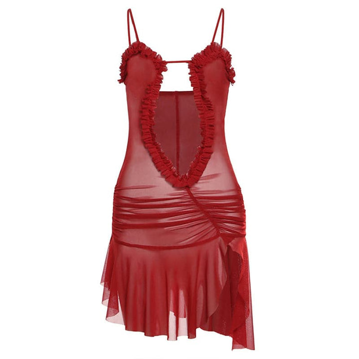 Ruched ruffle slit sheer mesh hollow out cami cut out mini dress-final-sale