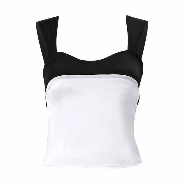 Contrast low cut satin self tie backless sleeveless crop top
