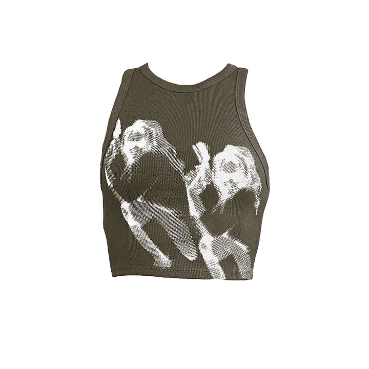 Sleeveless crewneck abstract contrast print crop top