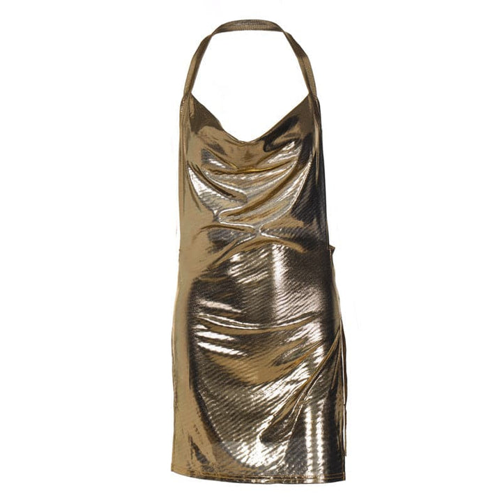 Halter cowl neck metallic high slit backless mini dress  | Festival Outfits Women