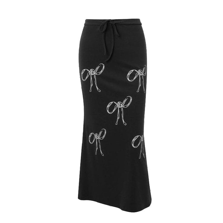 Drawstring ruched bowknot print contrast self tie midi skirt  | Festival Outfits Women