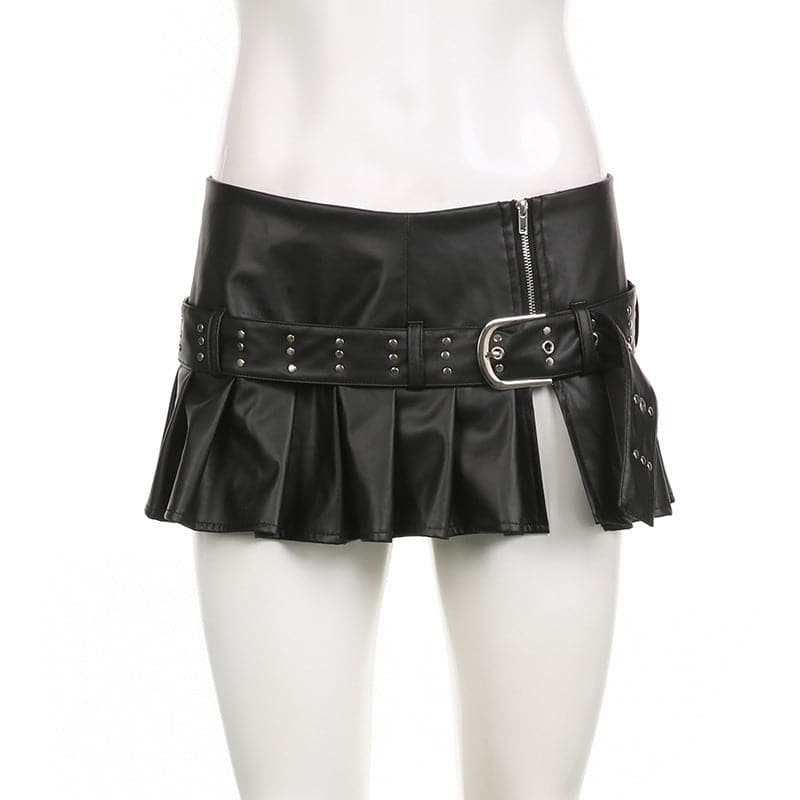 Buckle zip-up pleated low rise PU leather mini skirt Cargo Mini Skirt