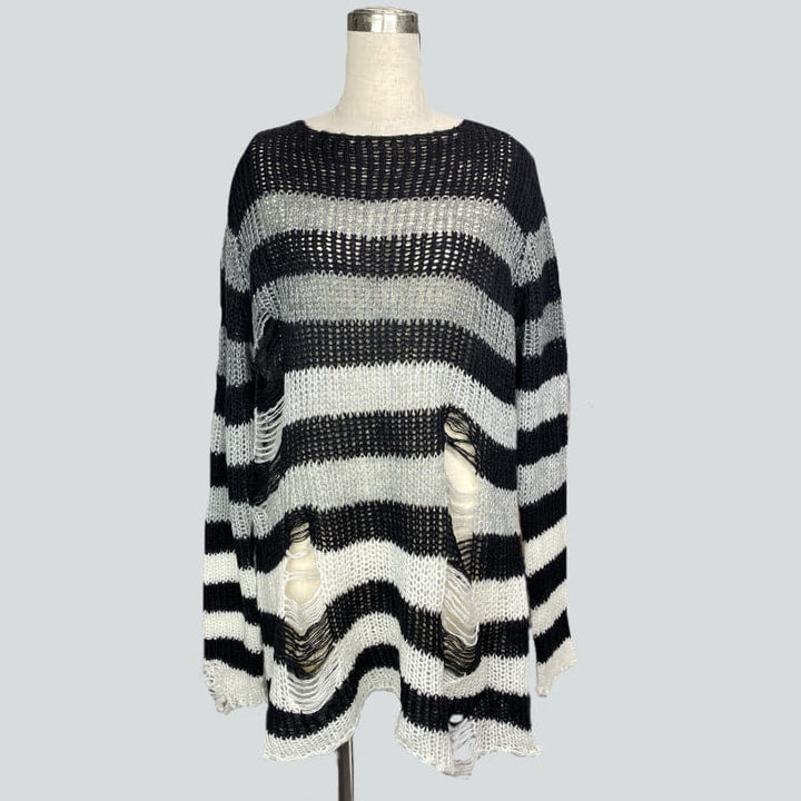 Gradient hollow out contrast striped long sleeve crochet cut out top