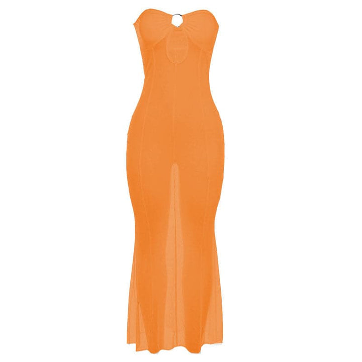 Mesh see through o ring hollow out backless tube cut out maxi dress