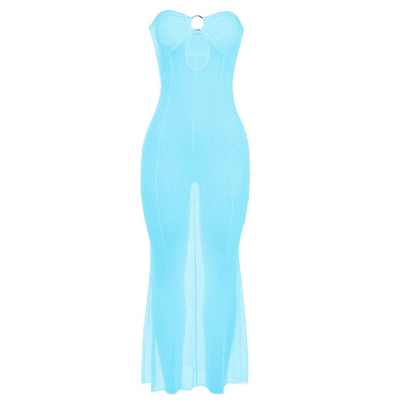 Mesh see through o ring hollow out backless tube cut out maxi dress