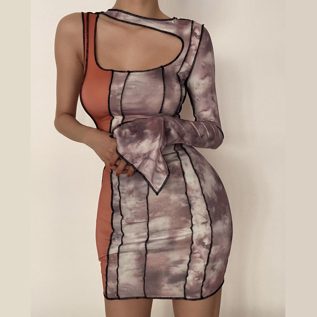 One shoulder patchwork hollow out bodycon dress - Halibuy