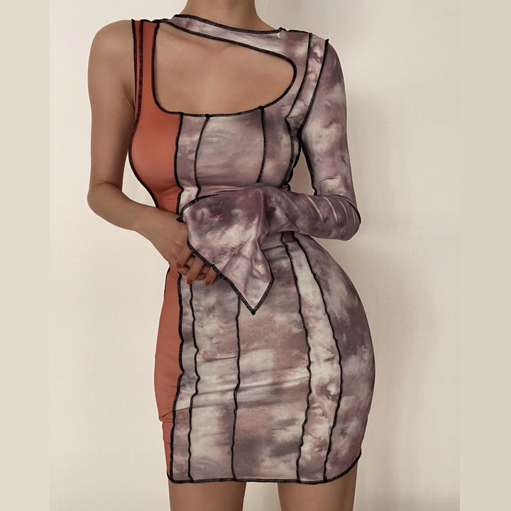 One shoulder patchwork hollow out bodycon dress - Halibuy