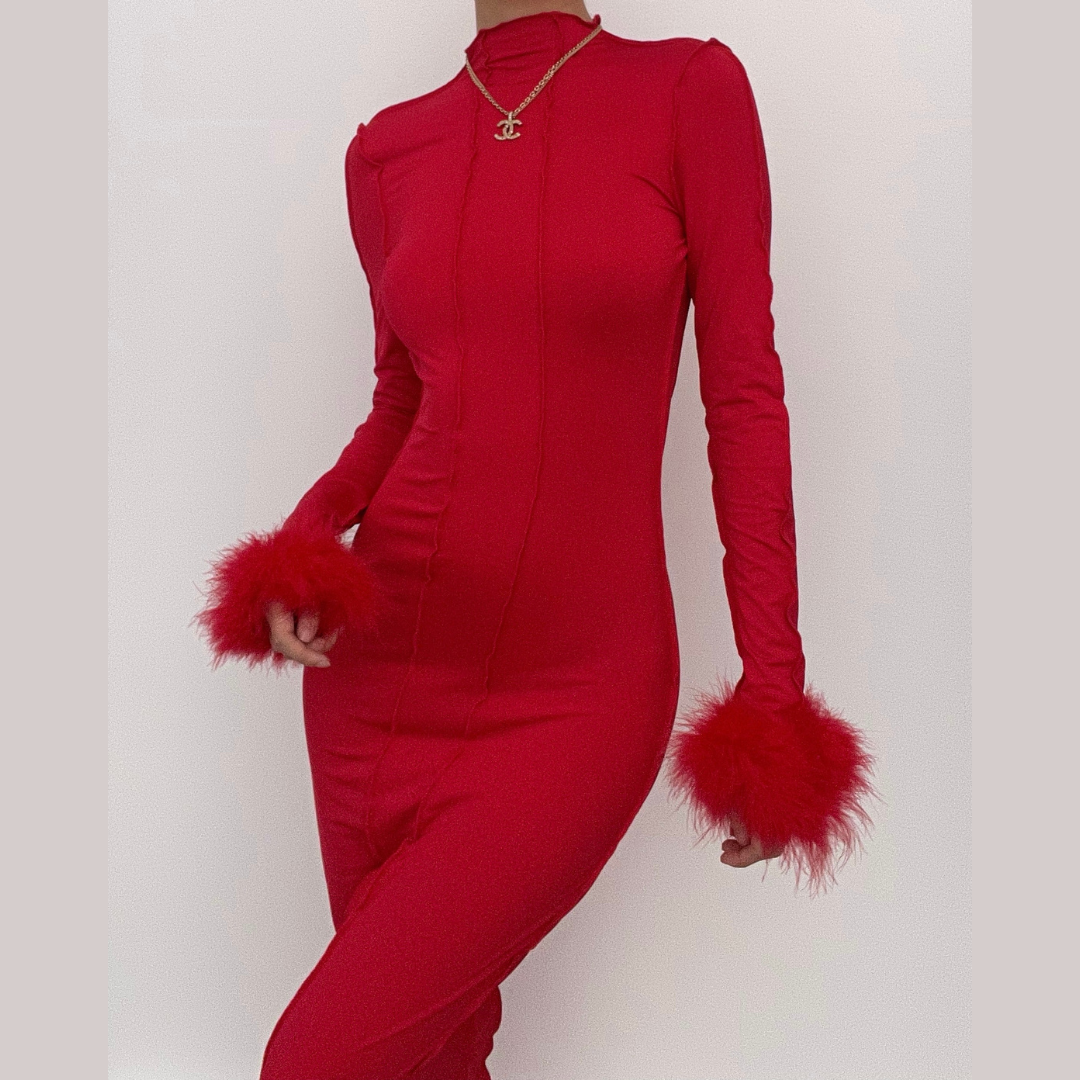 Long sleeve solid feather ruffle high neck backless midi dress – Halibuy