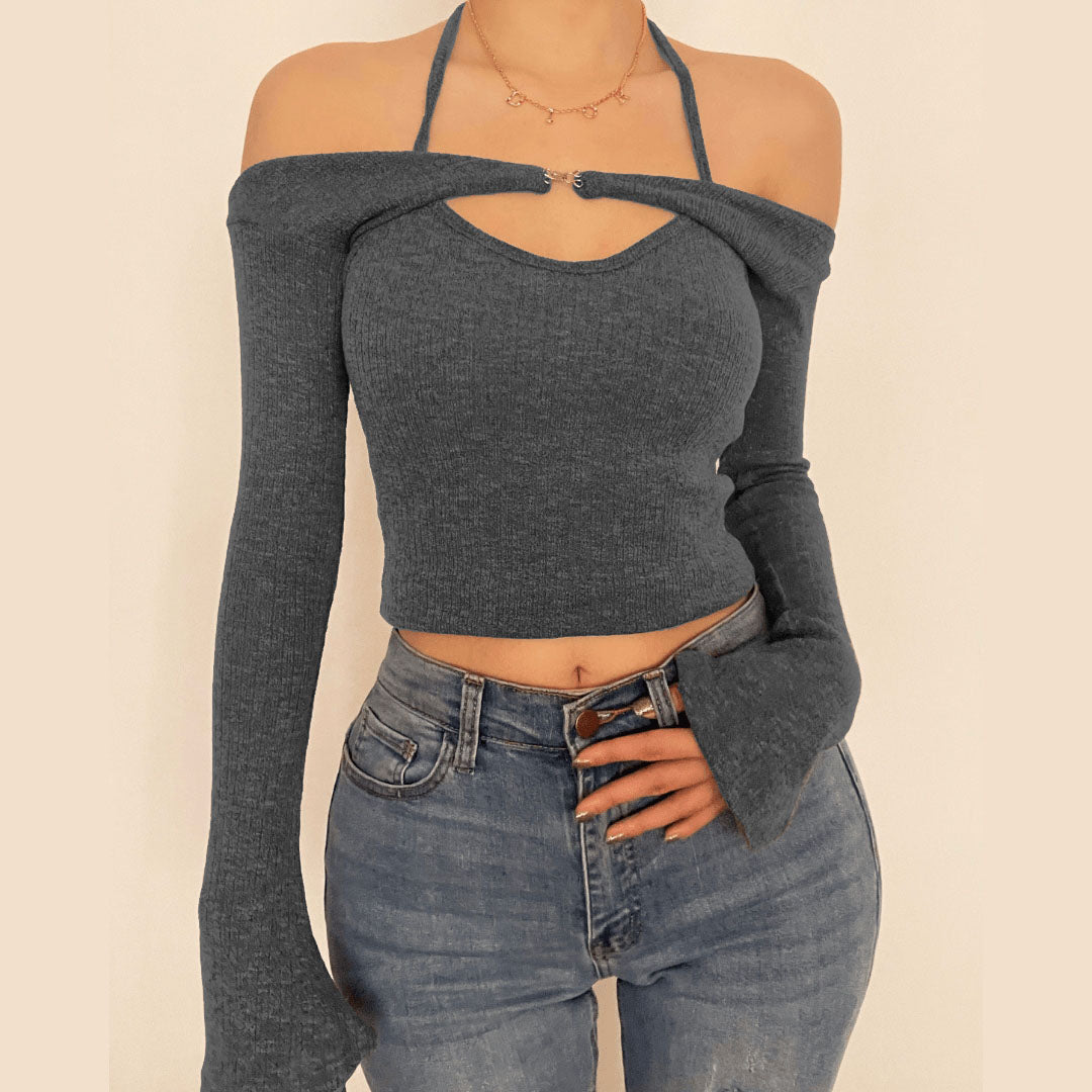 Long sleeve off shoulder knitted 2 piece top