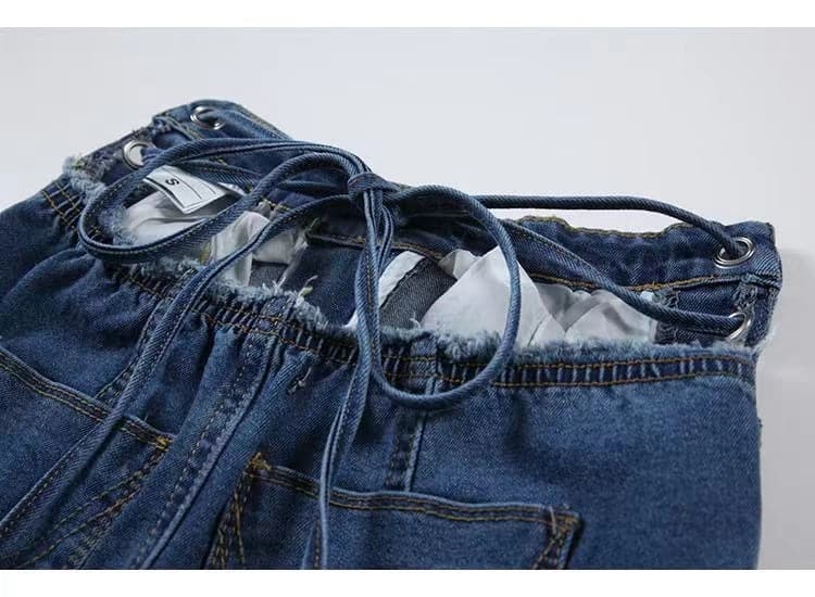 Lace up self tie straight leg high rise raw hem jeans-final-sale