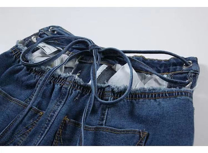 Lace up self tie straight leg high rise raw hem jeans-final-sale