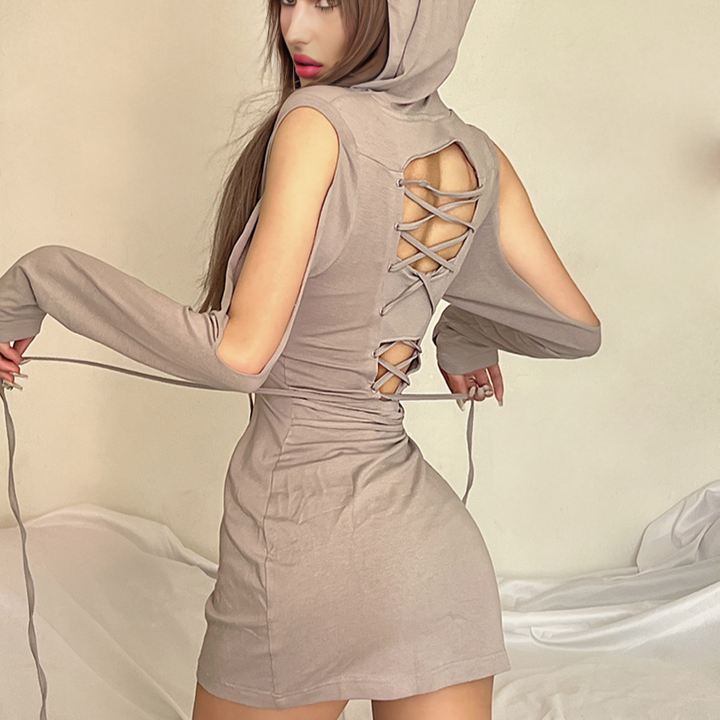 Long sleeve hollow out lace up drawstring hoodie mini dress-final-sale