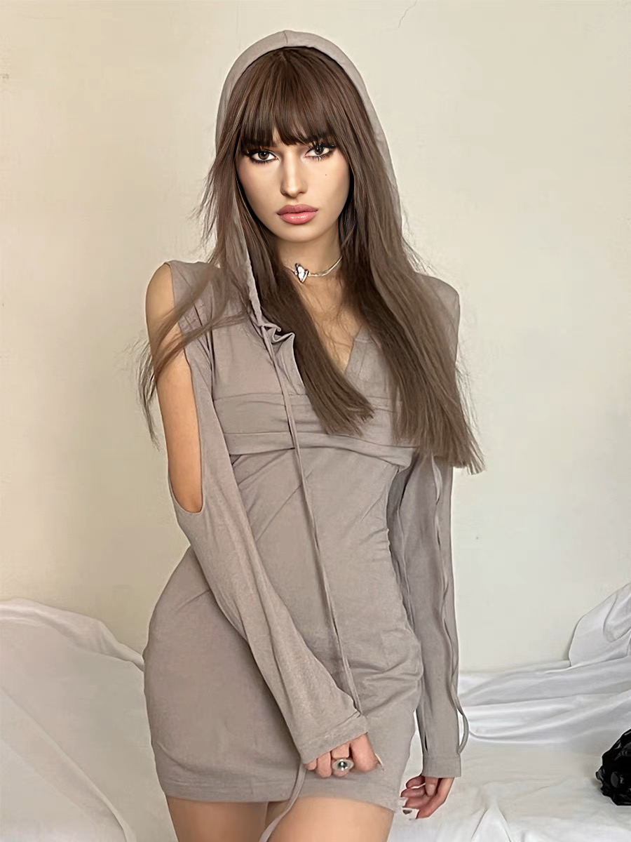 Long sleeve hollow out lace up drawstring hoodie mini dress-final-sale