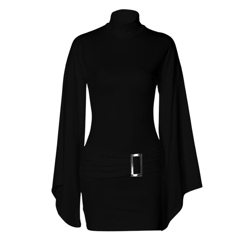 Long flared sleeve high neck ruched buckle solid mini dress  | Festival Outfits Women