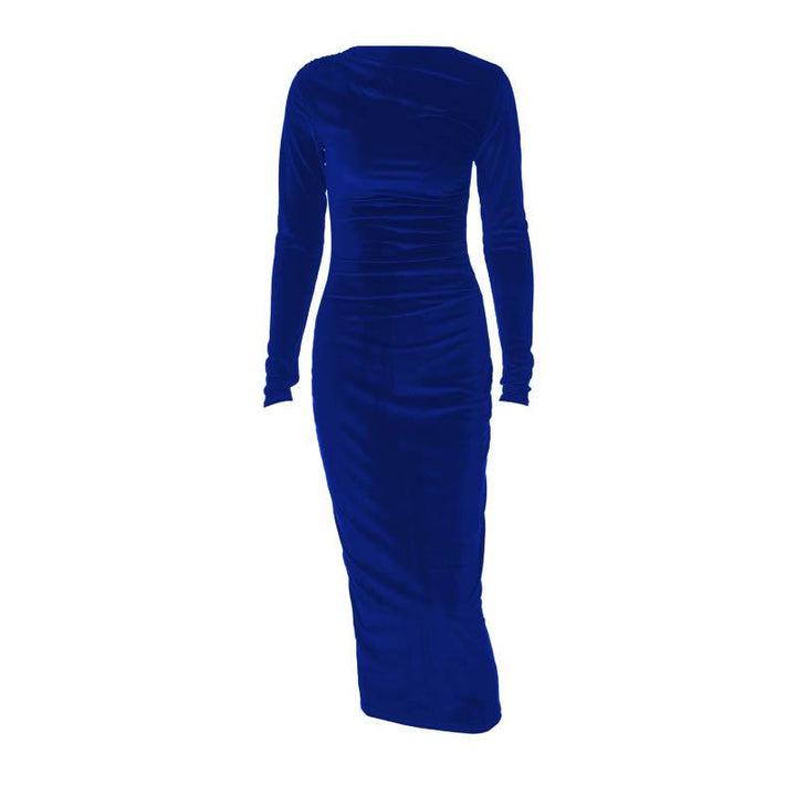 Velvet solid ruched long sleeve midi dress  | Festival Outfits Women