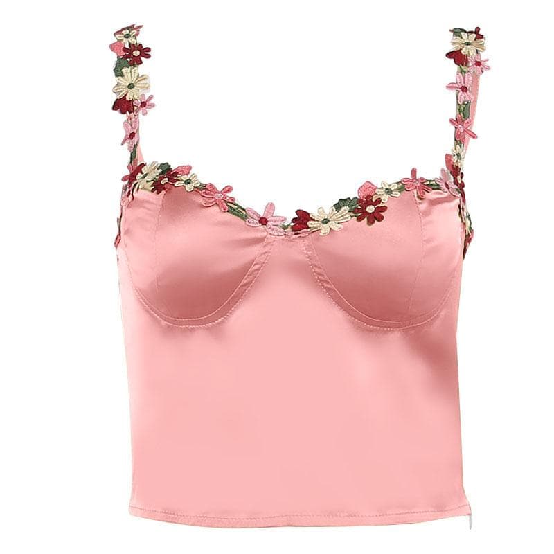 Sweetheart neck flower embroidery zip-up satin cami crop top