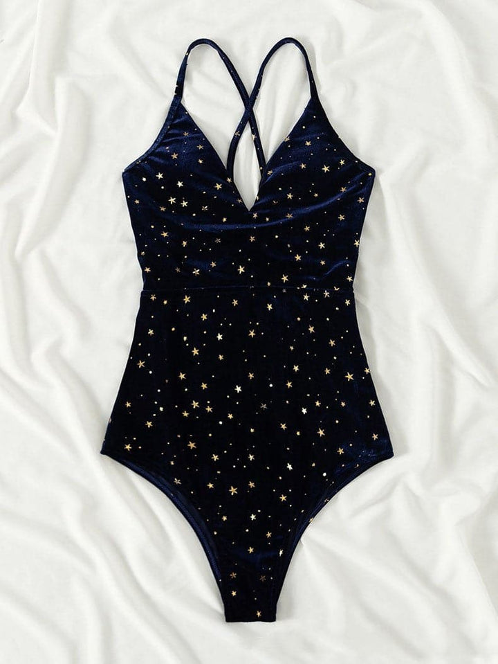 Cross back star pattern contrast v neck one piece swimwear