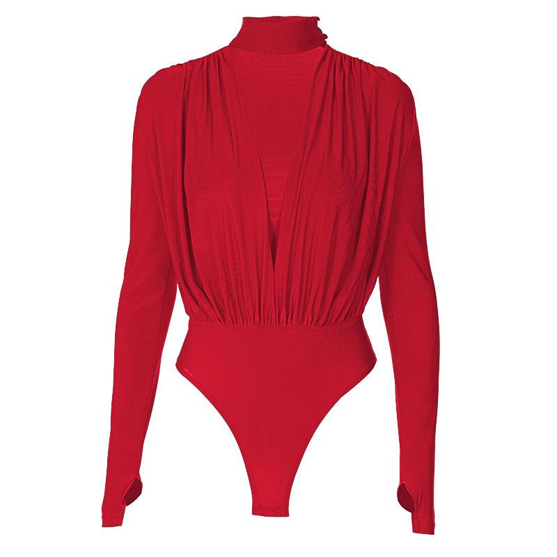 V neck solid ruched gloves high neck long sleeve bodysuit